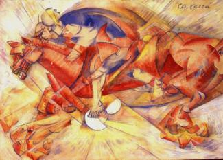26.	Carlo Carr, Il cavaliere rosso (Cavallo e cavaliere), 1913, tempera e inchiostro su carta intelata, 26x36 cm